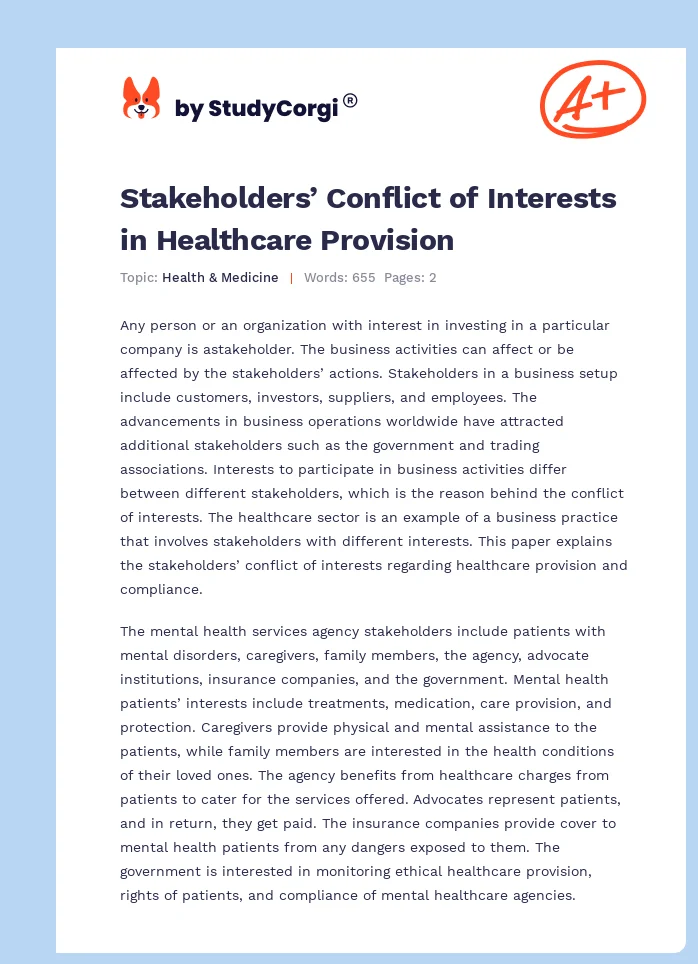 Stakeholders’ Conflict of Interests in Healthcare Provision. Page 1