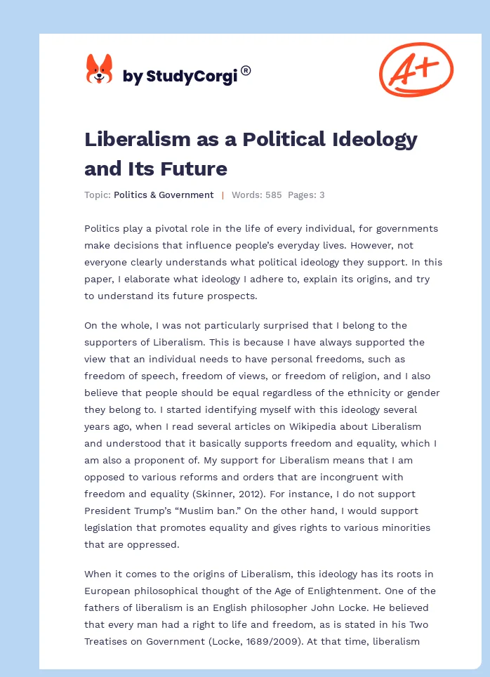 Liberalism as a Political Ideology and Its Future. Page 1