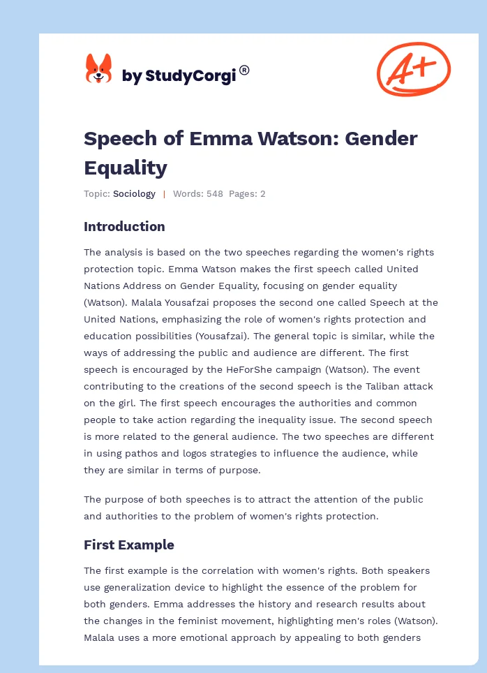 Speech of Emma Watson: Gender Equality. Page 1