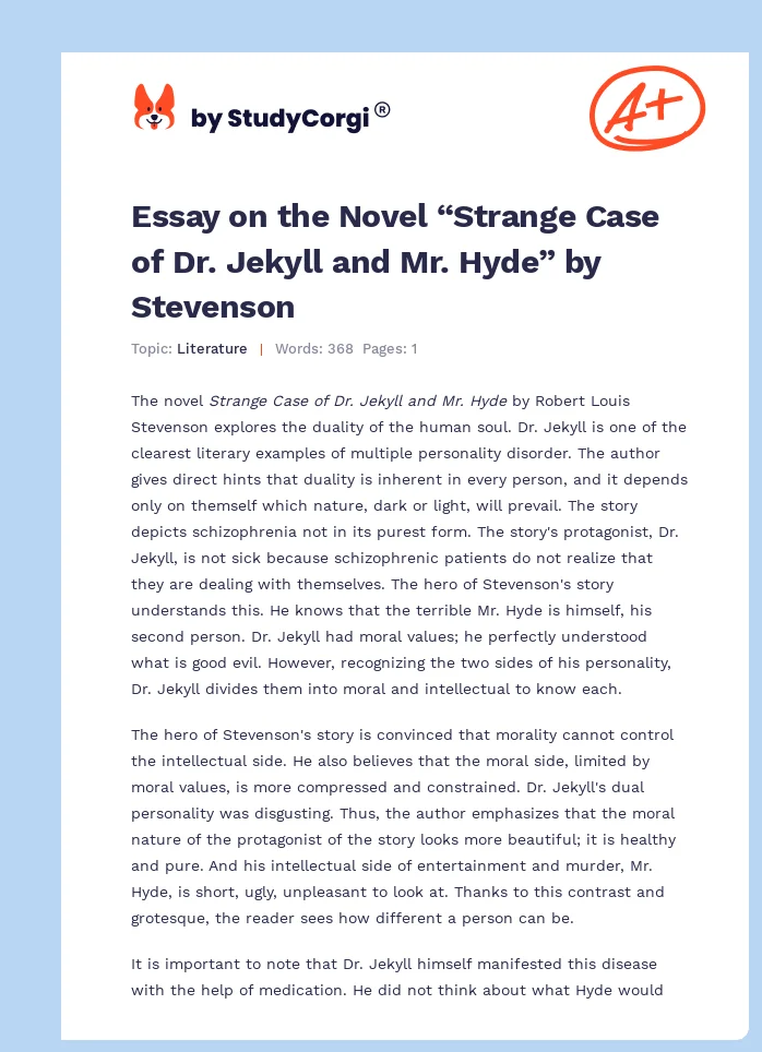 Essay on the Novel “Strange Case of Dr. Jekyll and Mr. Hyde” by Stevenson. Page 1