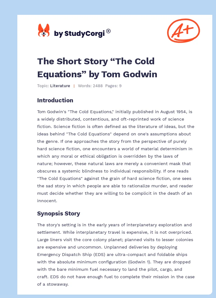 The Short Story “The Cold Equations” by Tom Godwin. Page 1
