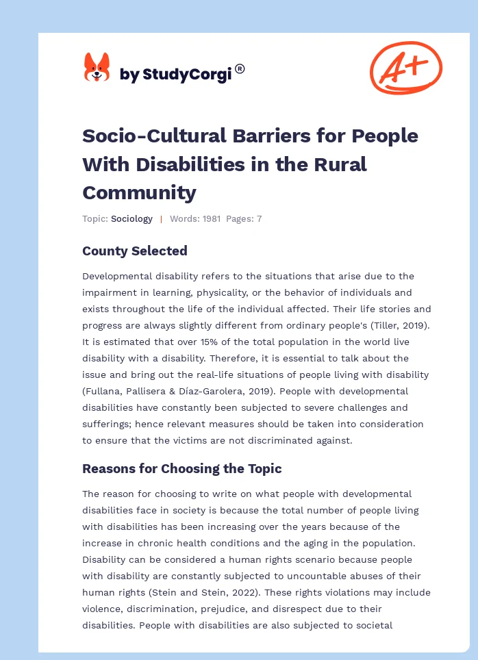 Socio-Cultural Barriers for People With Disabilities in the Rural Community. Page 1