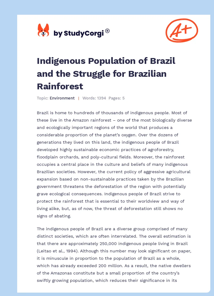 Indigenous Population of Brazil and the Struggle for Brazilian Rainforest. Page 1