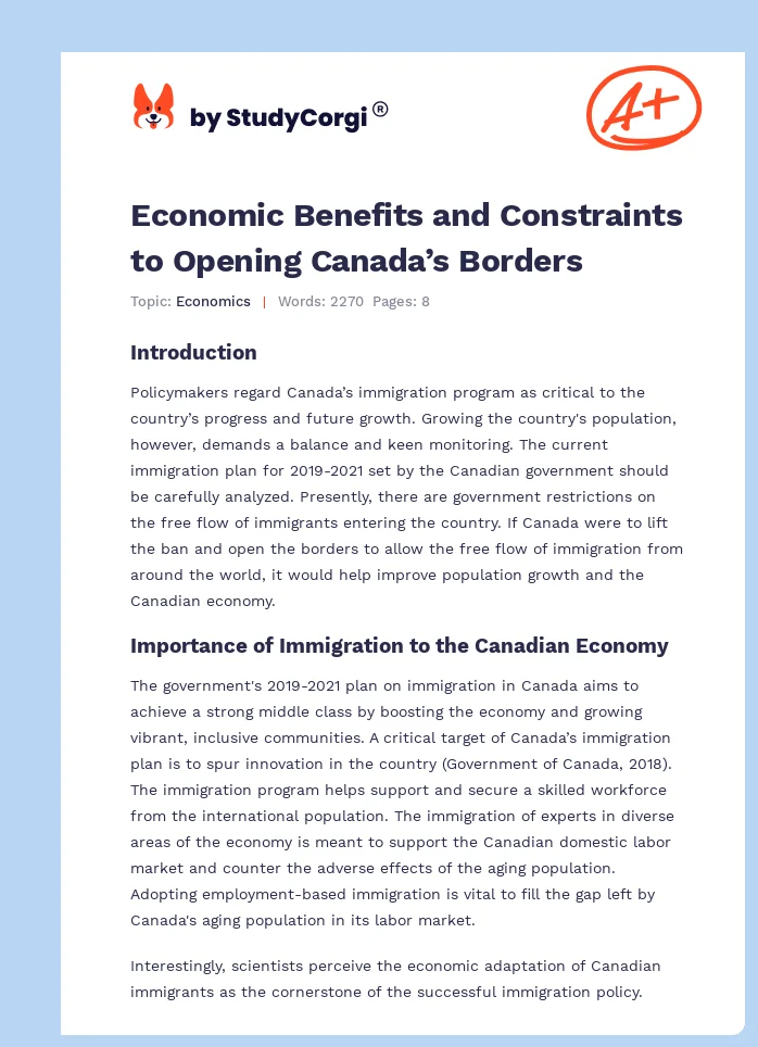 Economic Benefits and Constraints to Opening Canada’s Borders. Page 1