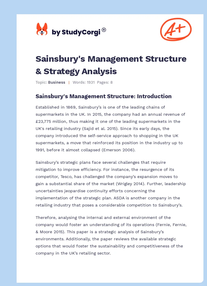 Sainsbury's Management Structure & Strategy Analysis. Page 1