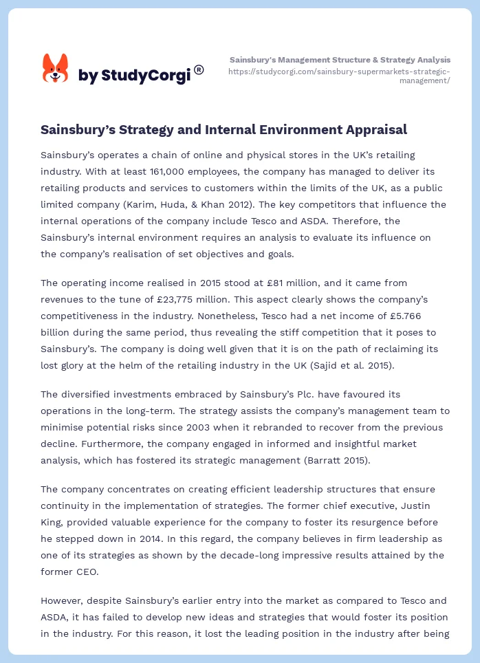 Sainsbury's Management Structure & Strategy Analysis. Page 2
