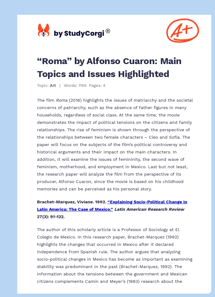 “Roma” by Alfonso Cuaron: Main Topics and Issues Highlighted. Page 1