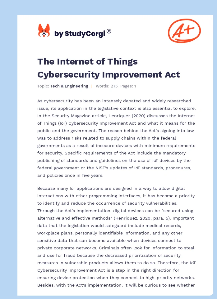 The Internet of Things Cybersecurity Improvement Act. Page 1