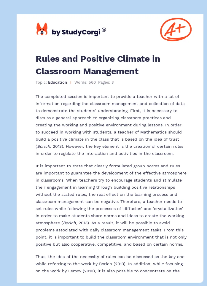 Rules and Positive Climate in Classroom Management. Page 1