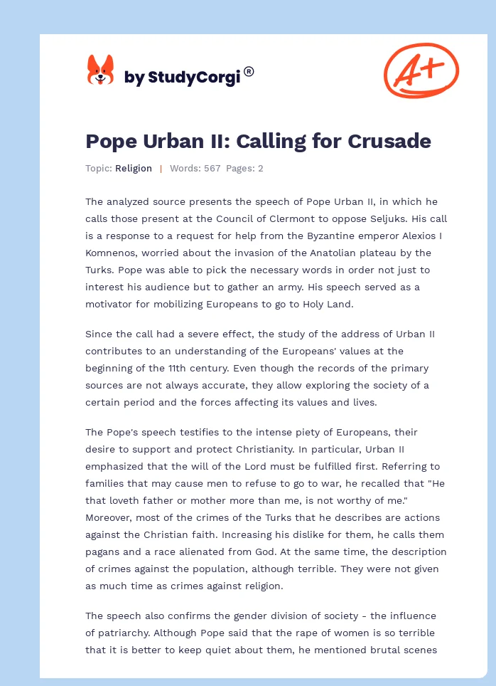 Pope Urban II: Calling for Crusade. Page 1