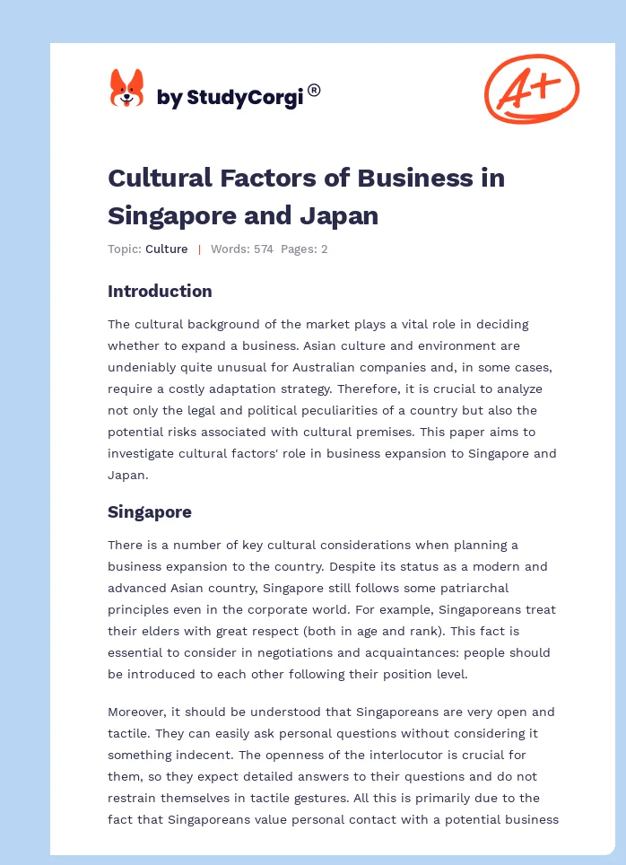 Cultural Factors of Business in Singapore and Japan. Page 1