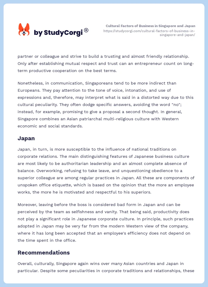 Cultural Factors of Business in Singapore and Japan. Page 2