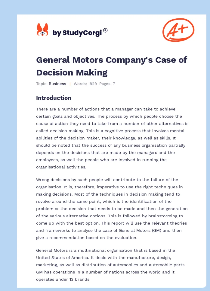 General Motors Company's Case of Decision Making. Page 1