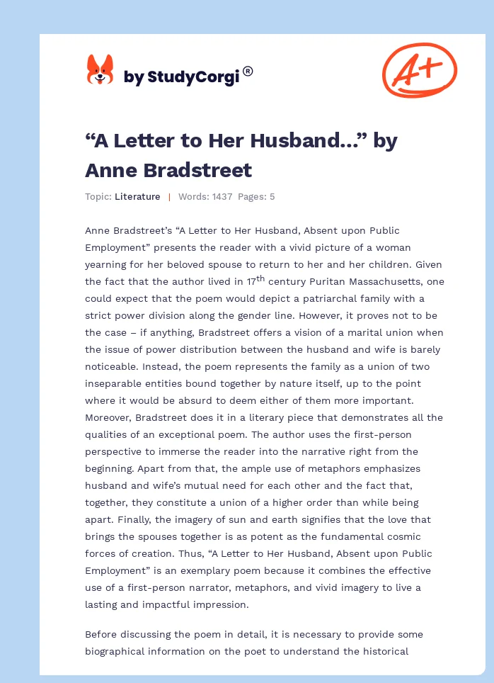 “A Letter to Her Husband...” by Anne Bradstreet. Page 1