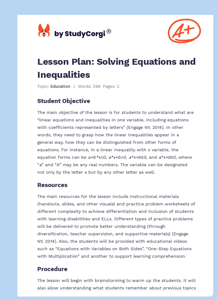 Lesson Plan: Solving Equations and Inequalities. Page 1