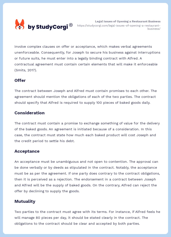 Legal Issues of Opening a Restaurant Business. Page 2
