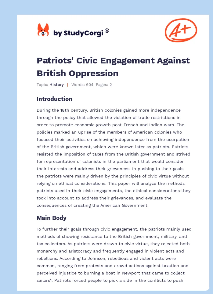 Patriots' Civic Engagement Against British Oppression. Page 1