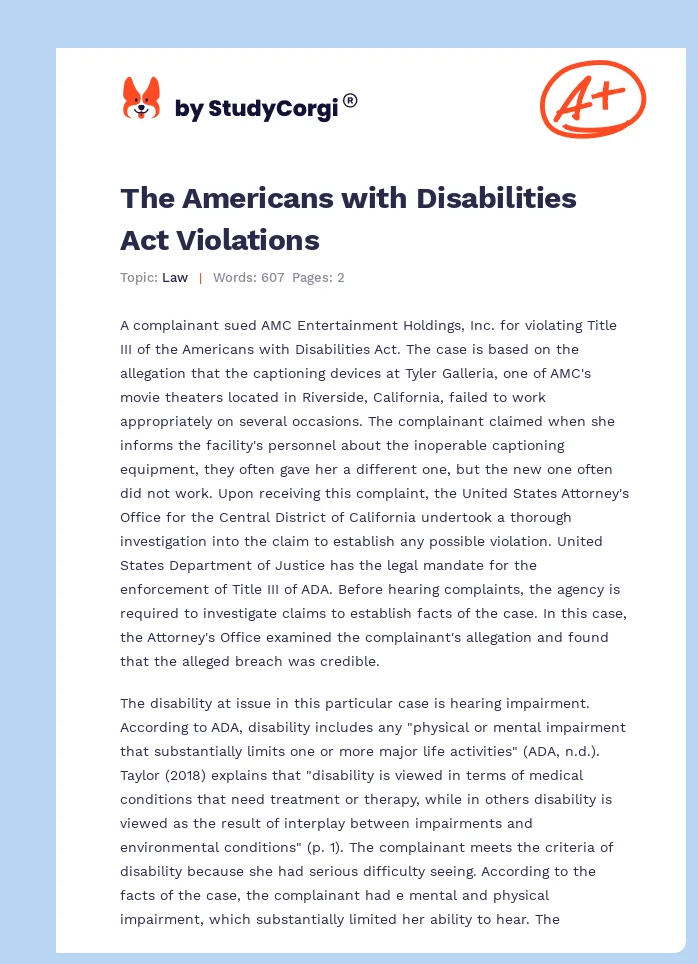 The Americans with Disabilities Act Violations. Page 1