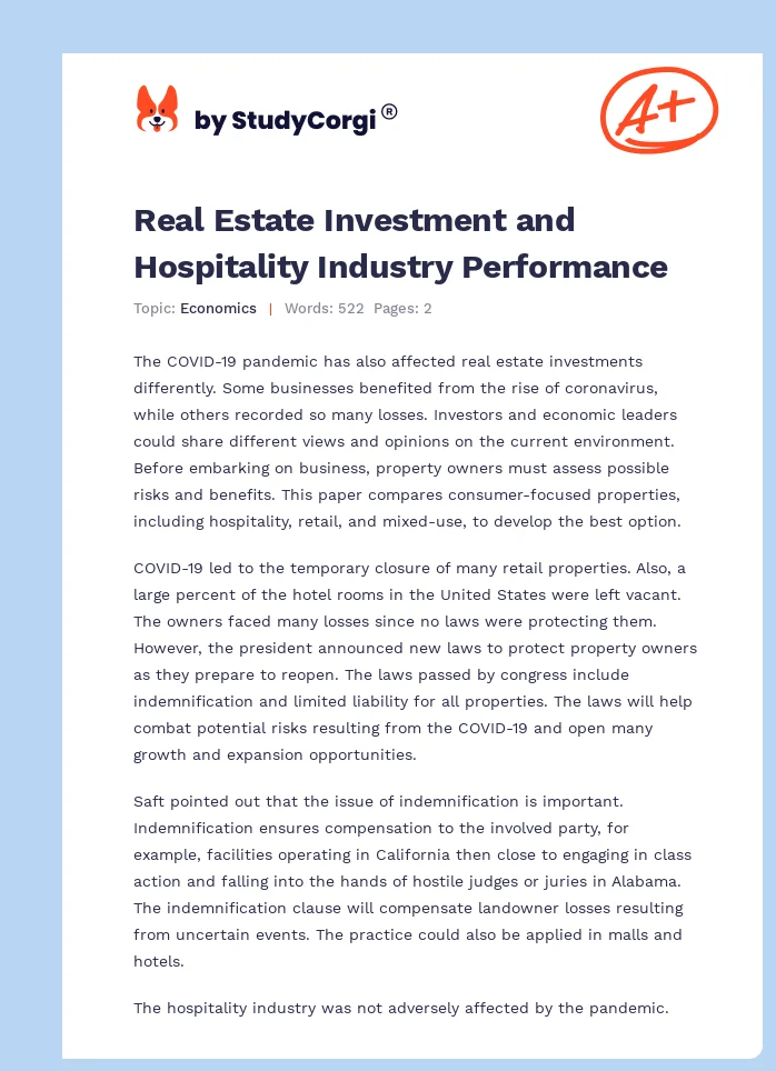 Real Estate Investment and Hospitality Industry Performance. Page 1