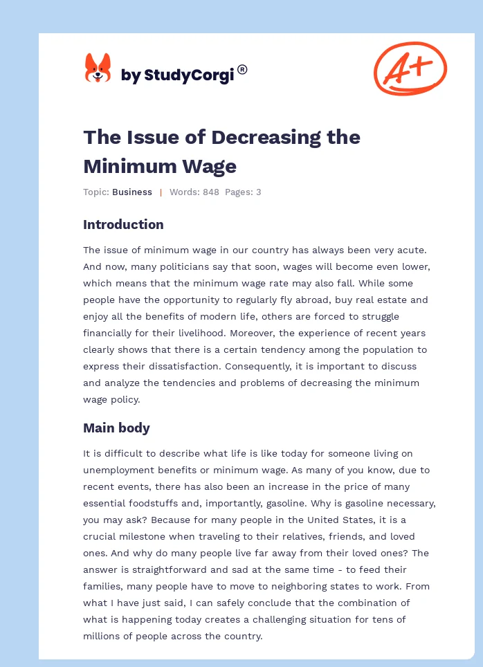 The Issue of Decreasing the Minimum Wage. Page 1
