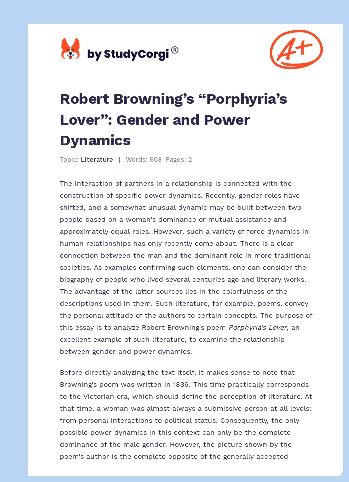 Robert Browning’s “Porphyria’s Lover”: Gender and Power Dynamics. Page 1