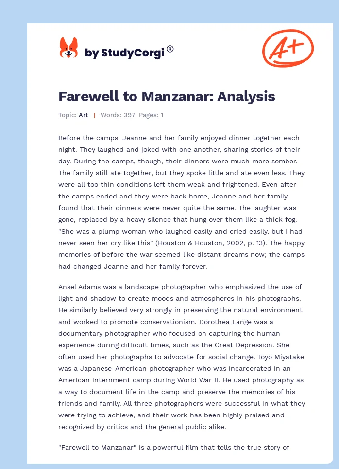 Farewell to Manzanar: Analysis. Page 1