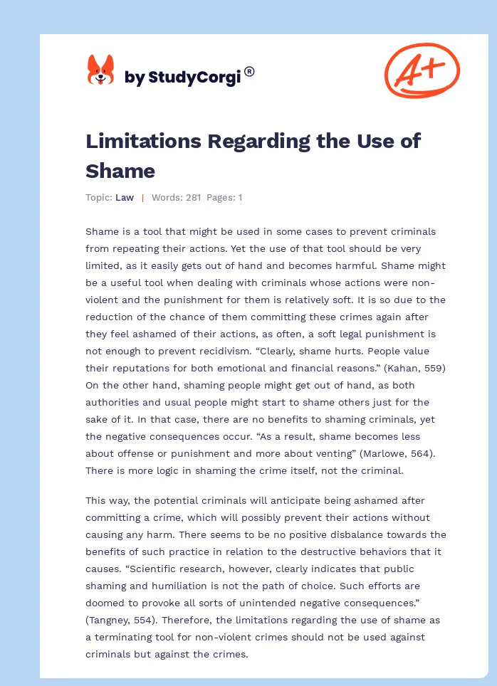 Limitations Regarding the Use of Shame. Page 1