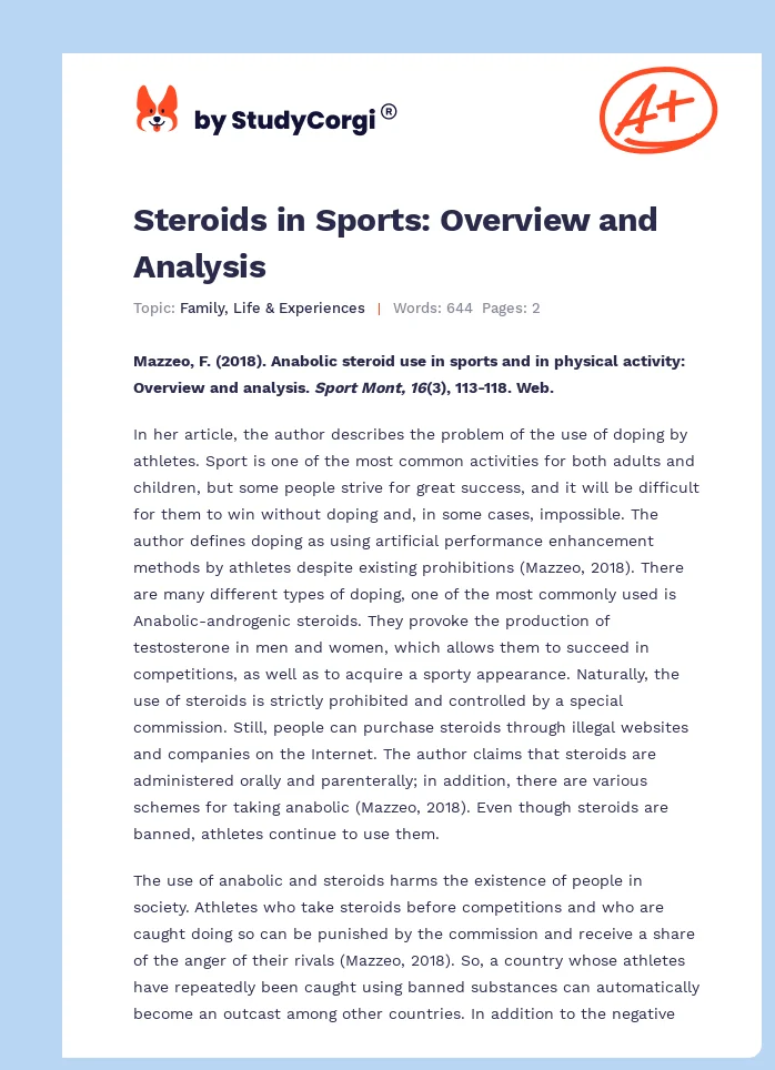 Steroids in Sports: Overview and Analysis. Page 1