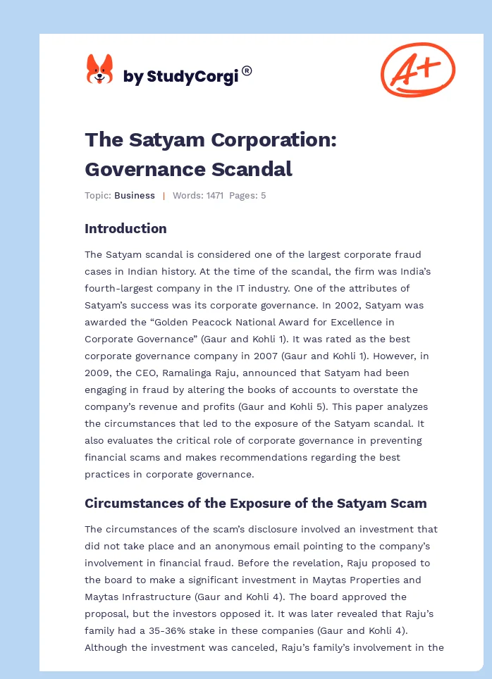 The Satyam Corporation: Governance Scandal. Page 1