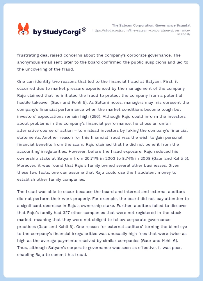 The Satyam Corporation: Governance Scandal. Page 2