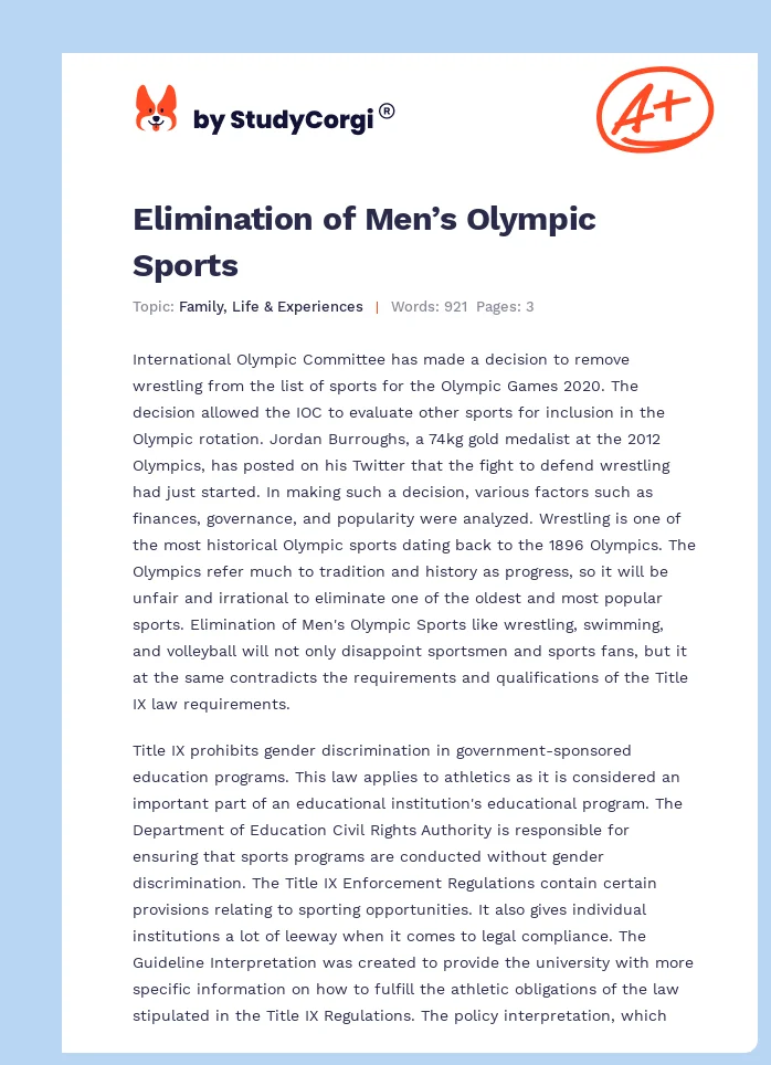 Elimination of Men’s Olympic Sports. Page 1