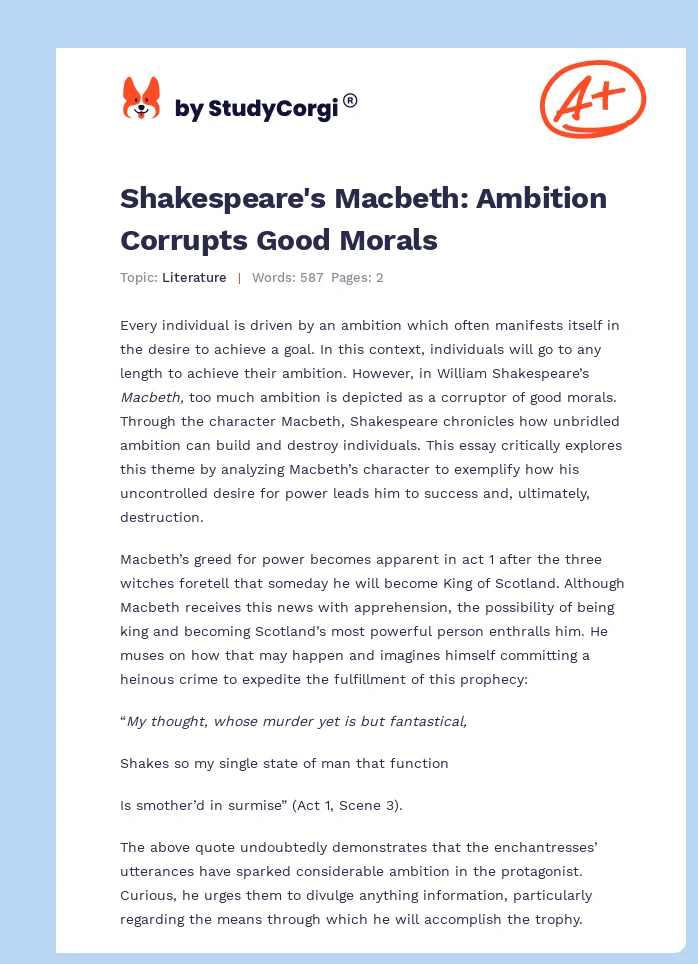 Shakespeare's Macbeth: Ambition Corrupts Good Morals. Page 1