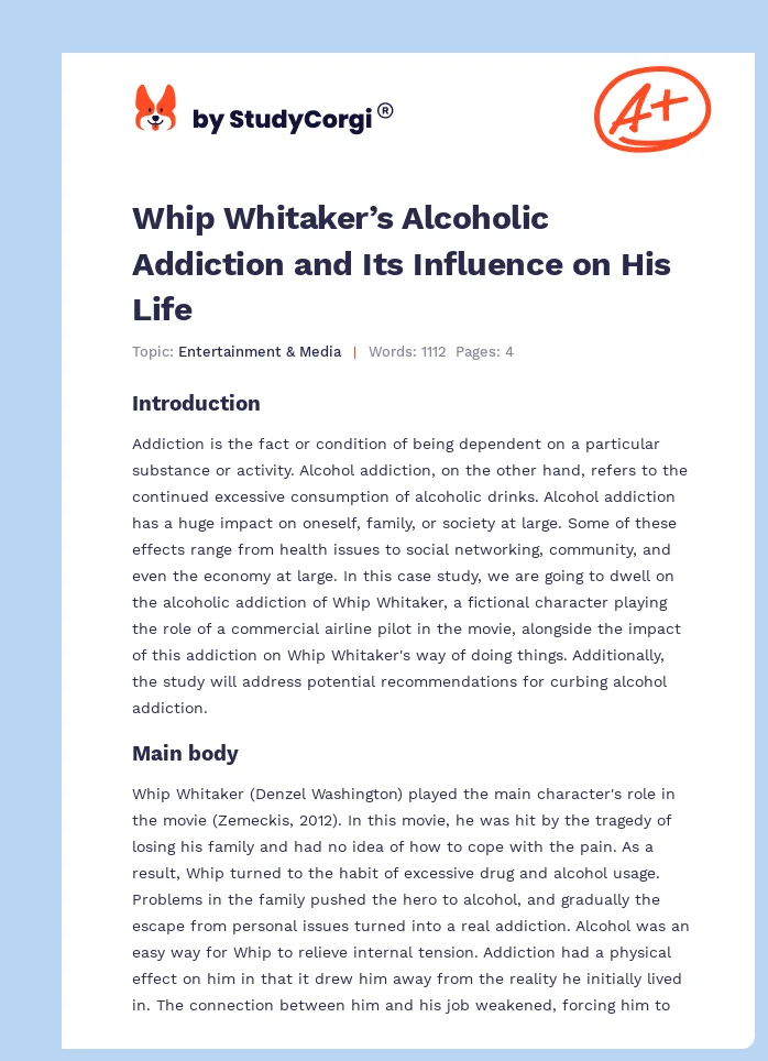 Whip Whitaker’s Alcoholic Addiction and Its Influence on His Life. Page 1