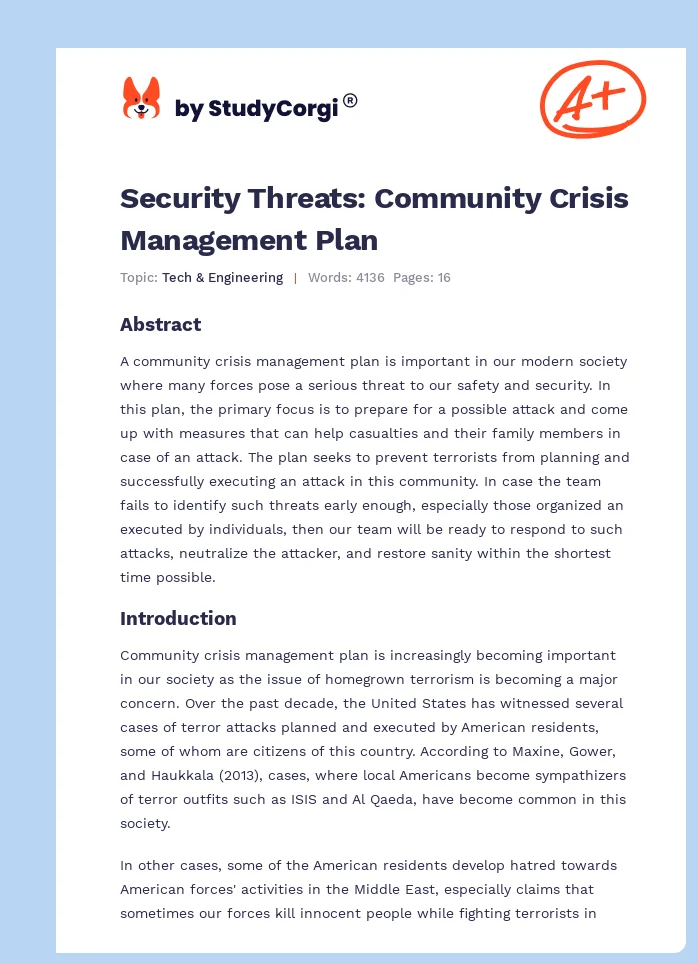 Security Threats: Community Crisis Management Plan. Page 1