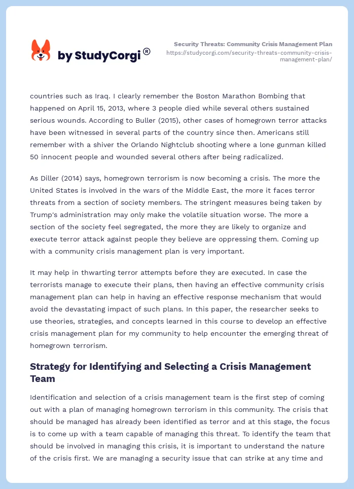 Security Threats: Community Crisis Management Plan. Page 2
