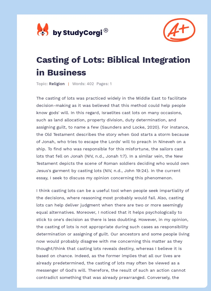 Casting of Lots: Biblical Integration in Business. Page 1