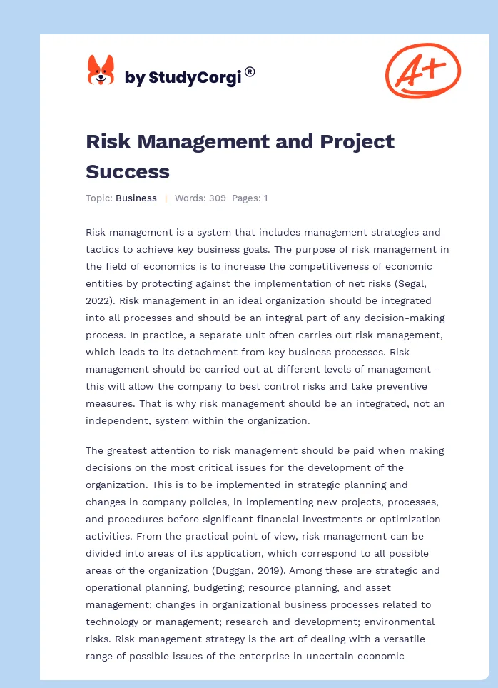 Risk Management and Project Success. Page 1