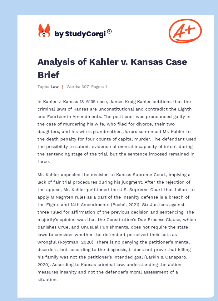 Analysis of Kahler v. Kansas Case Brief. Page 1