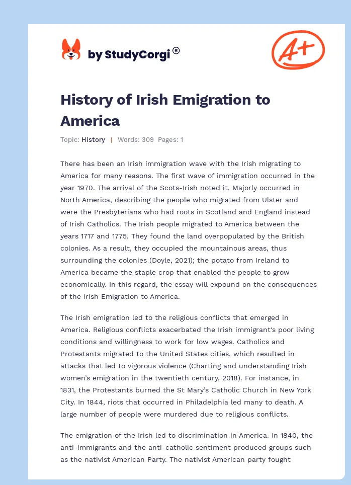 History of Irish Emigration to America. Page 1