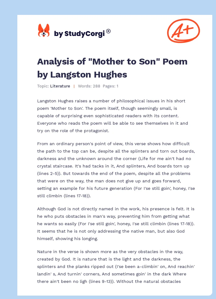 Analysis of "Mother to Son" Poem by Langston Hughes. Page 1