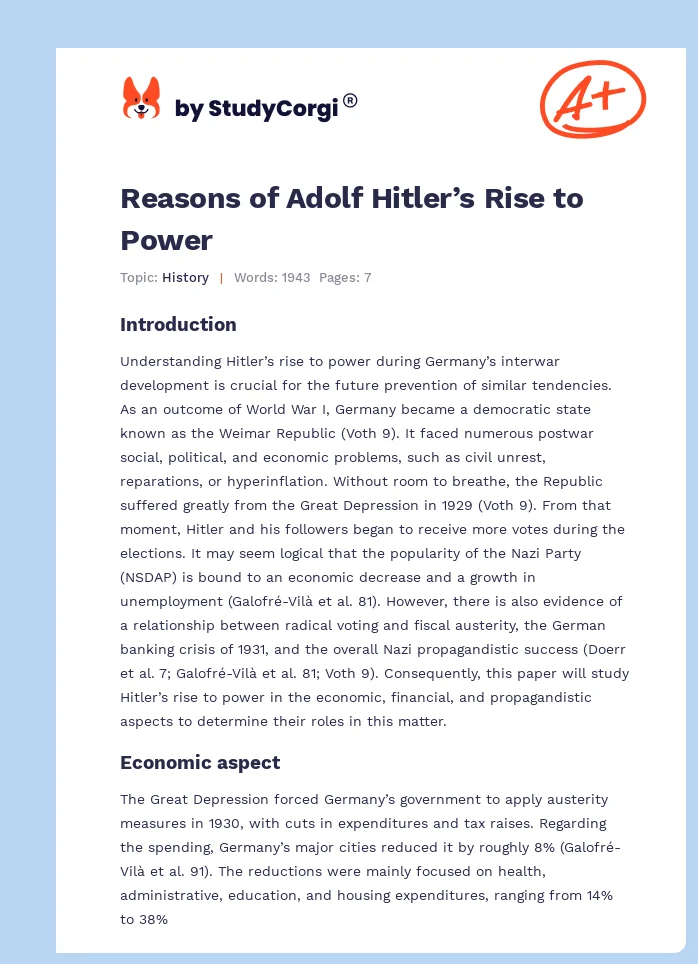 Reasons of Adolf Hitler’s Rise to Power. Page 1