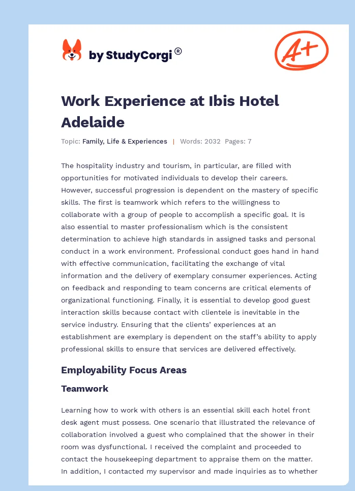 Work Experience at Ibis Hotel Adelaide. Page 1