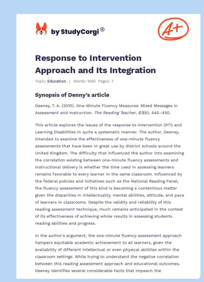 Response to Intervention Approach and Its Integration. Page 1