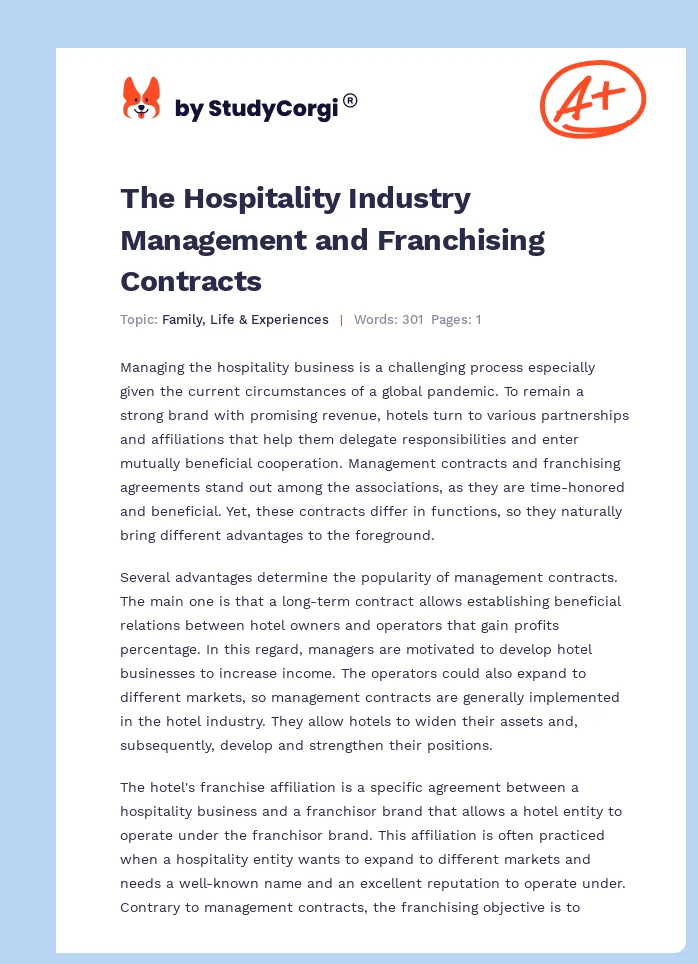 The Hospitality Industry Management and Franchising Contracts. Page 1