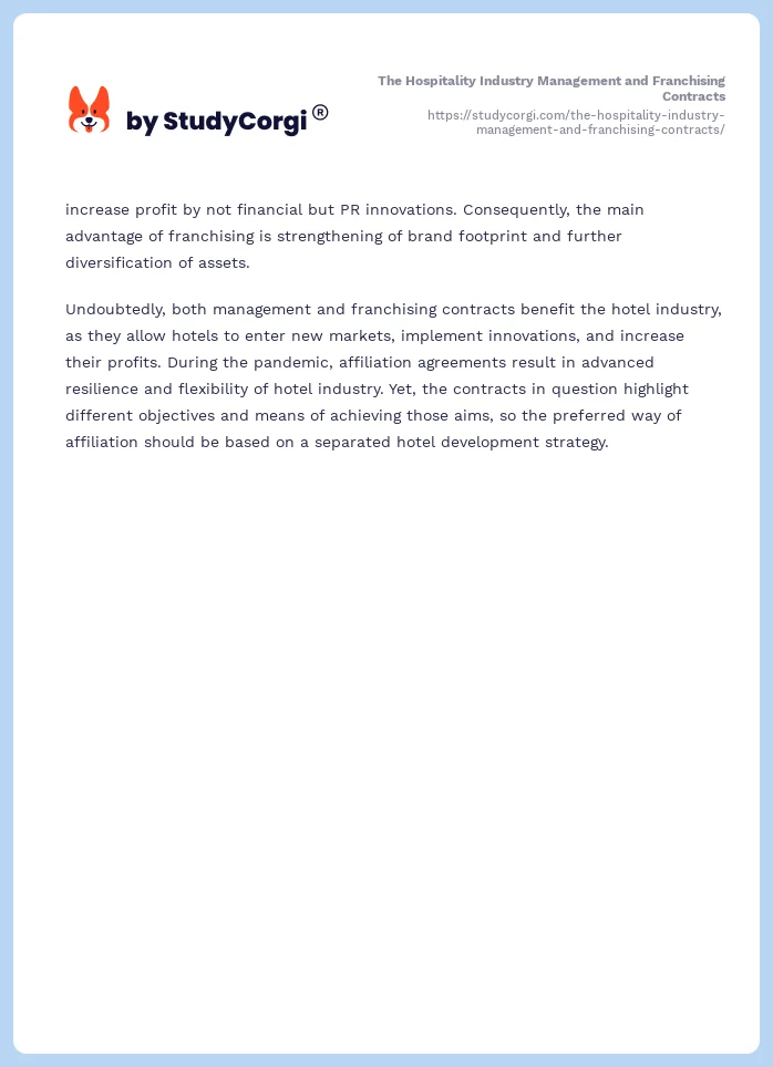 The Hospitality Industry Management and Franchising Contracts. Page 2