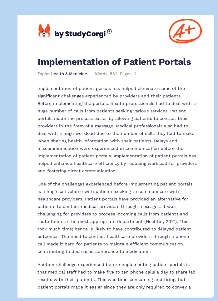 Implementation of Patient Portals. Page 1