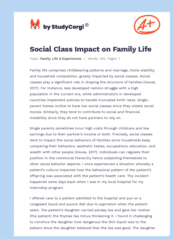 Social Class Impact on Family Life. Page 1