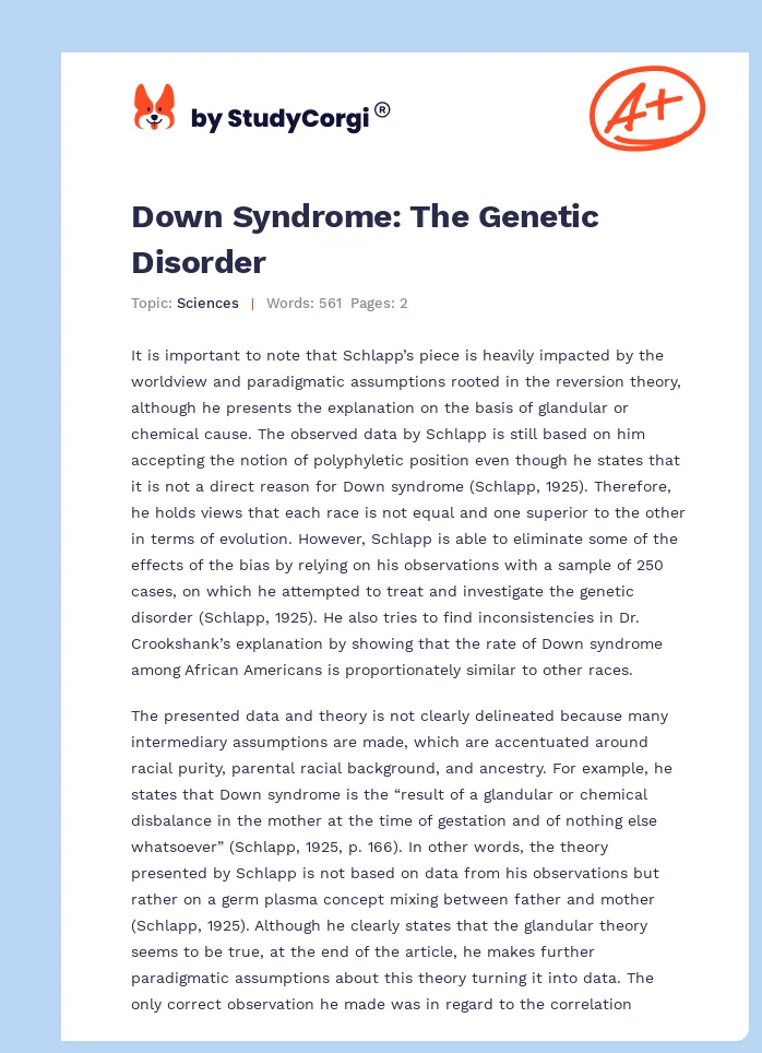 Down Syndrome: The Genetic Disorder. Page 1