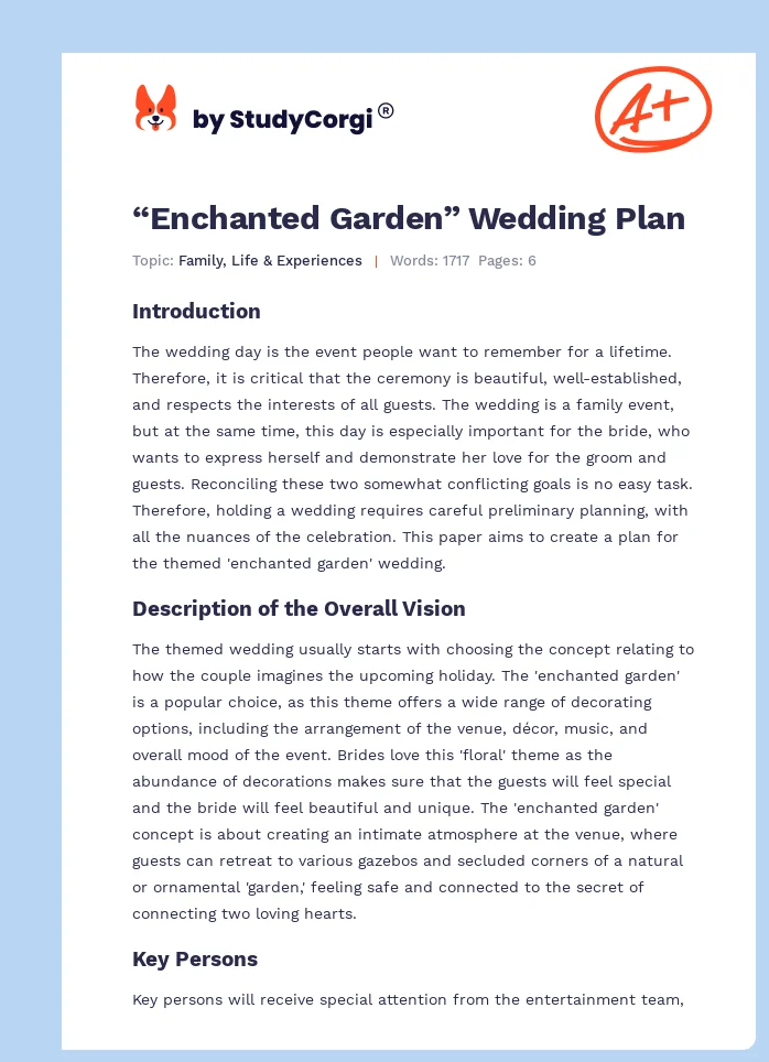 “Enchanted Garden” Wedding Plan. Page 1
