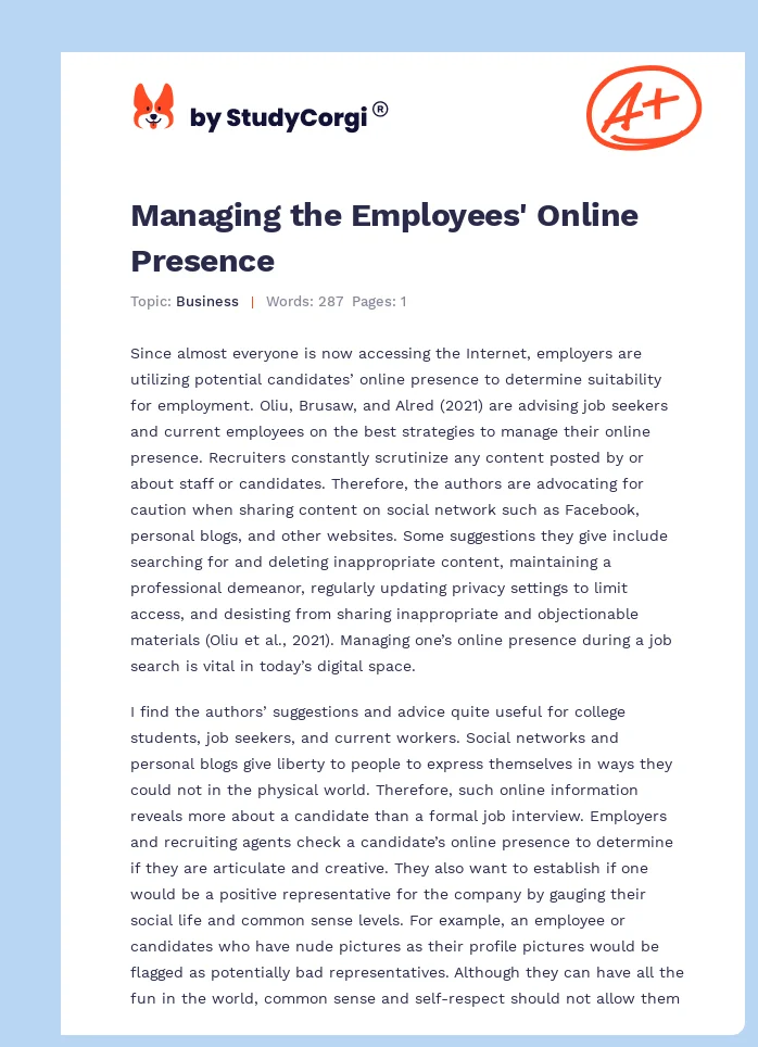 Managing the Employees' Online Presence. Page 1